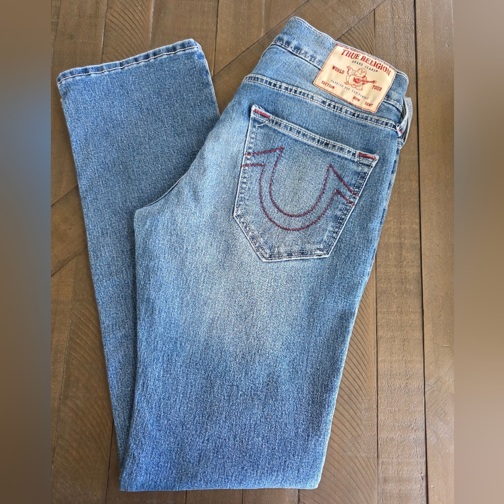 True Religion Men's Ricky Straight Jeans SZ 30 Red Stitch Buddha Patch - Picture 2 of 14